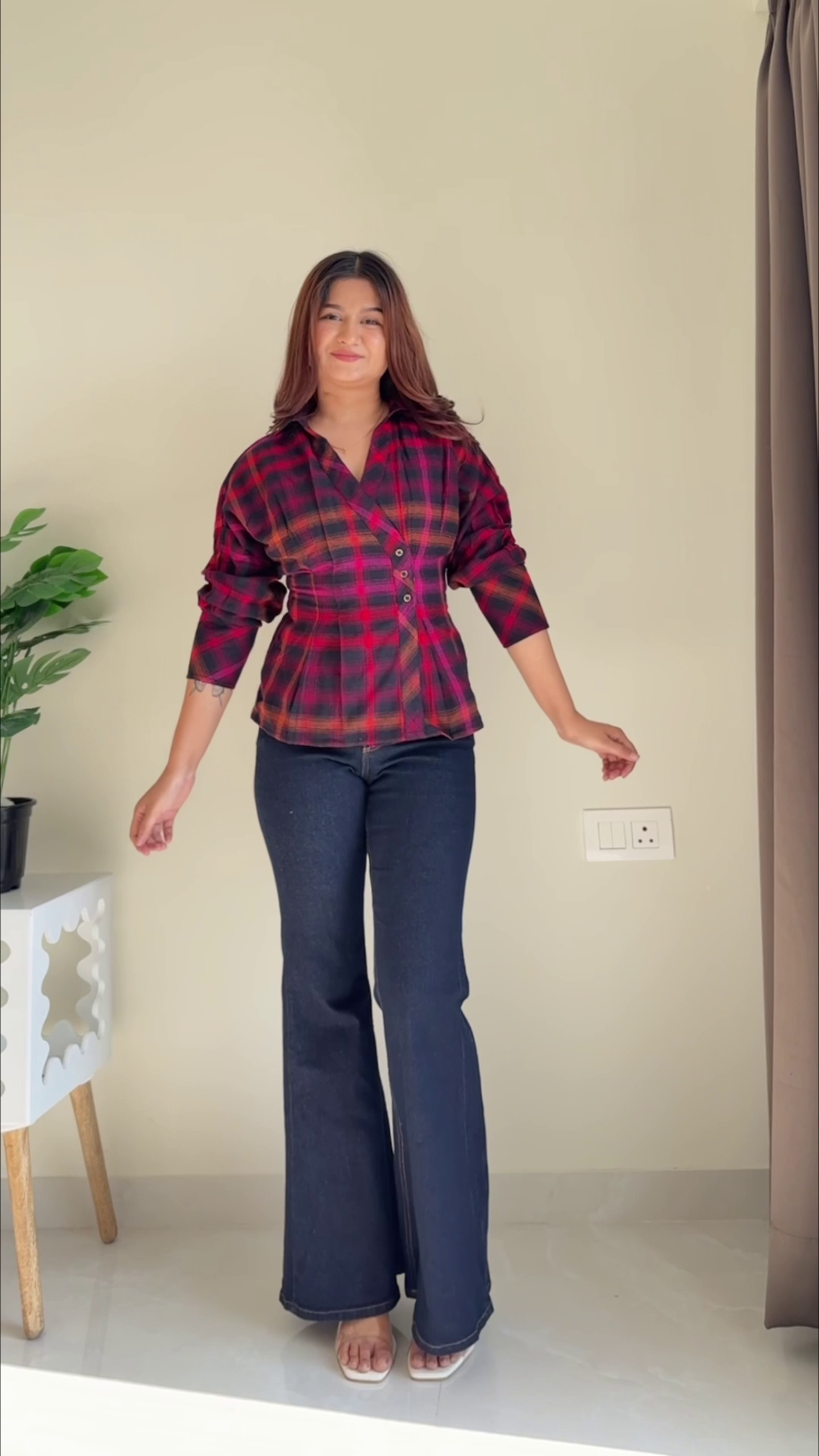 Pink Striped Casual Shirt with Wide-Leg Denim