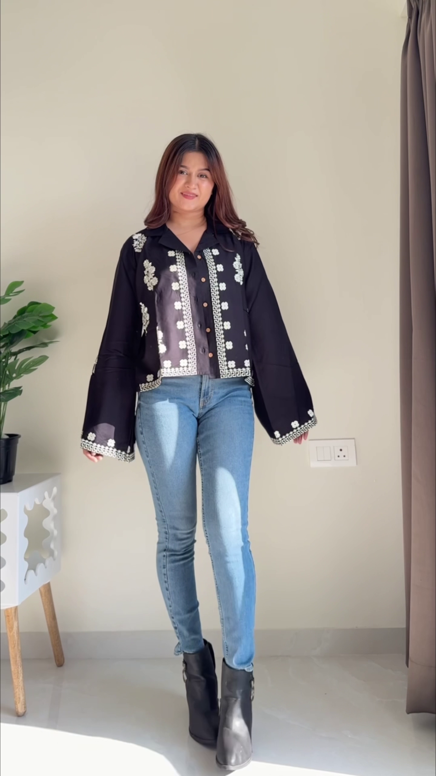 Pink Striped Casual Shirt with Wide-Leg Denim