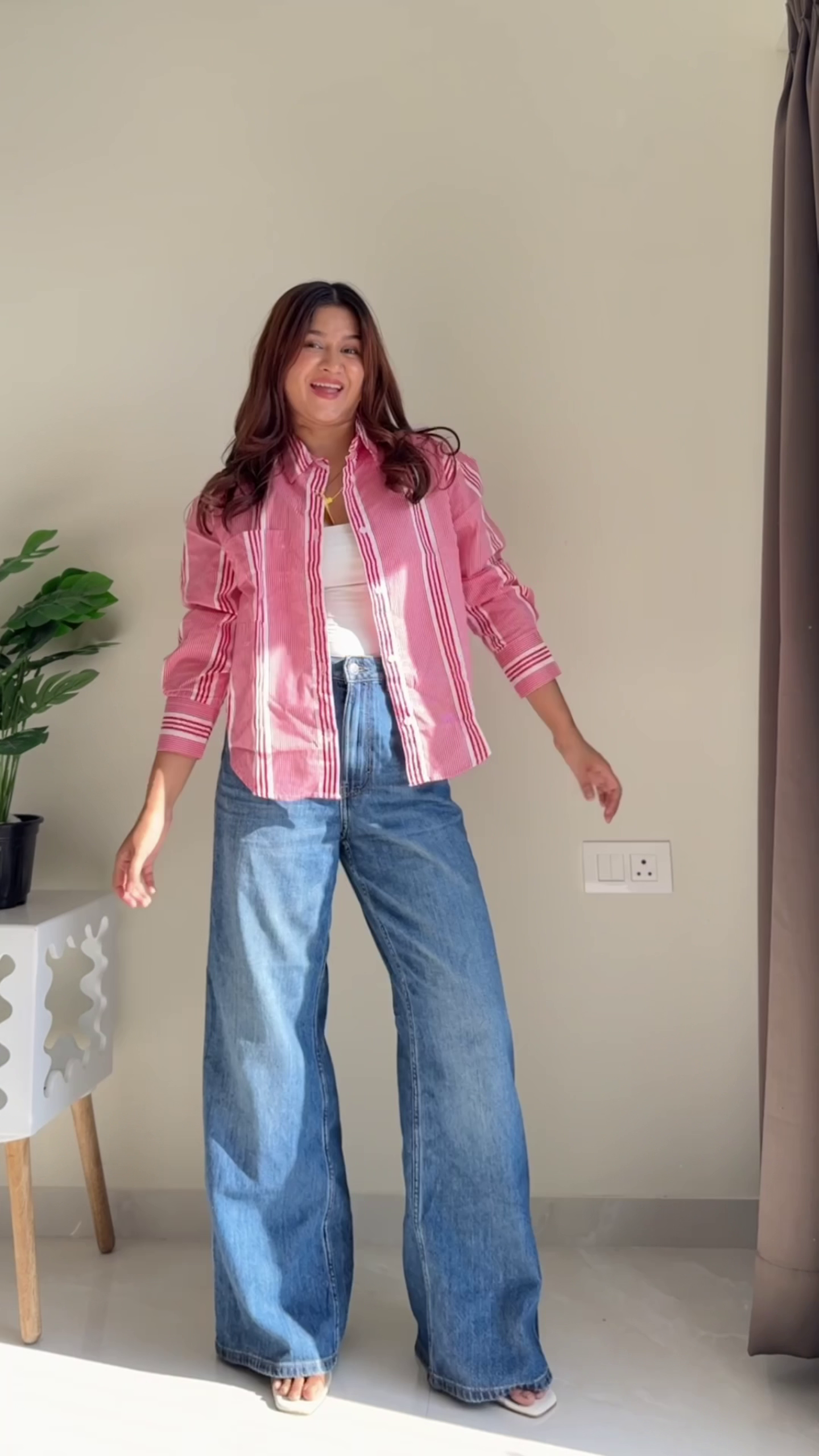 Pink Striped Casual Shirt with Wide-Leg Denim