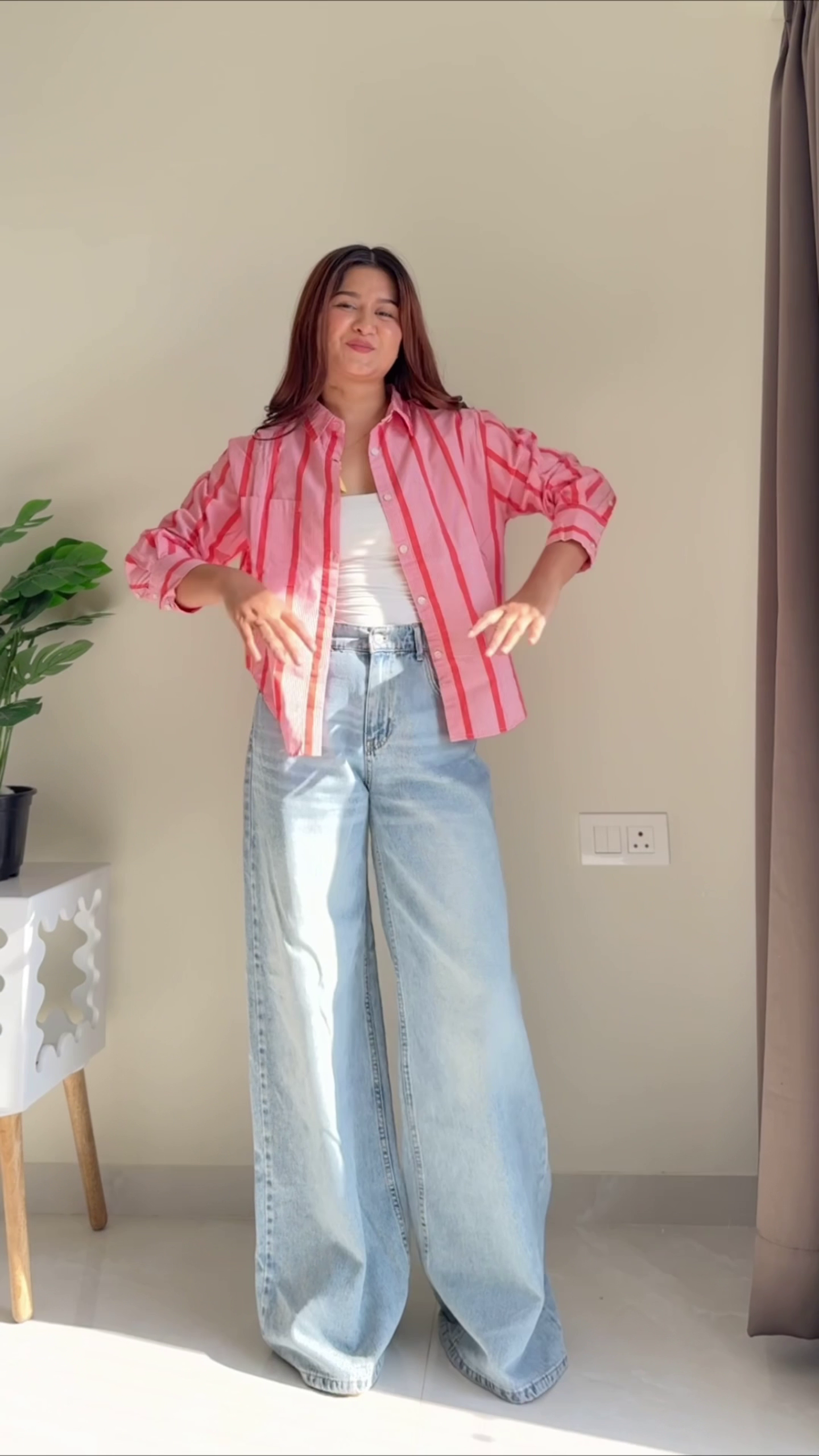 Pink Striped Casual Shirt with Wide-Leg Denim