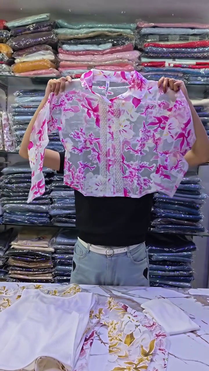 Elegant Floral Organza Crop Top