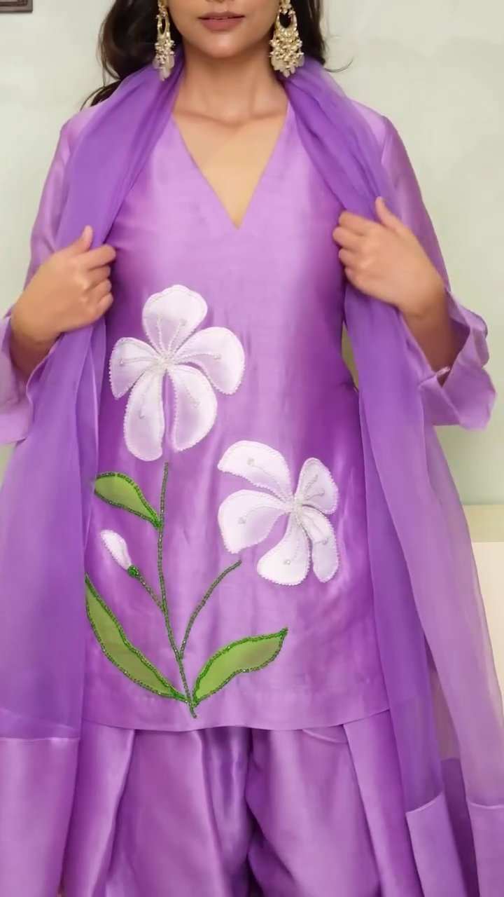 Elegant Lavender Floral Appliqué Suit Set