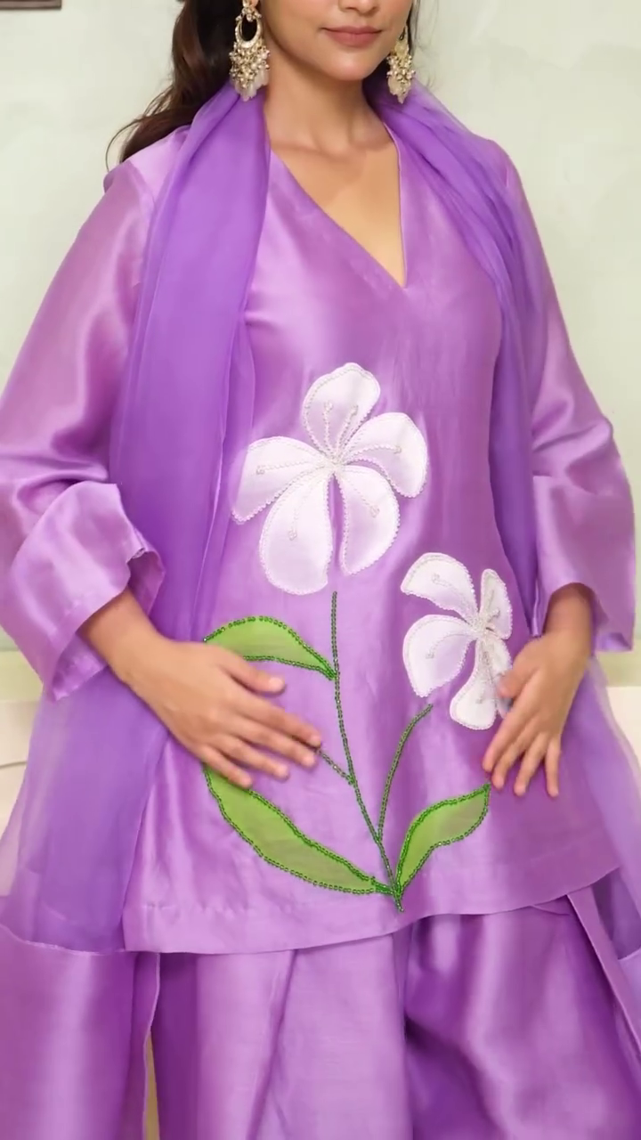 Elegant Lavender Floral Appliqué Suit Set