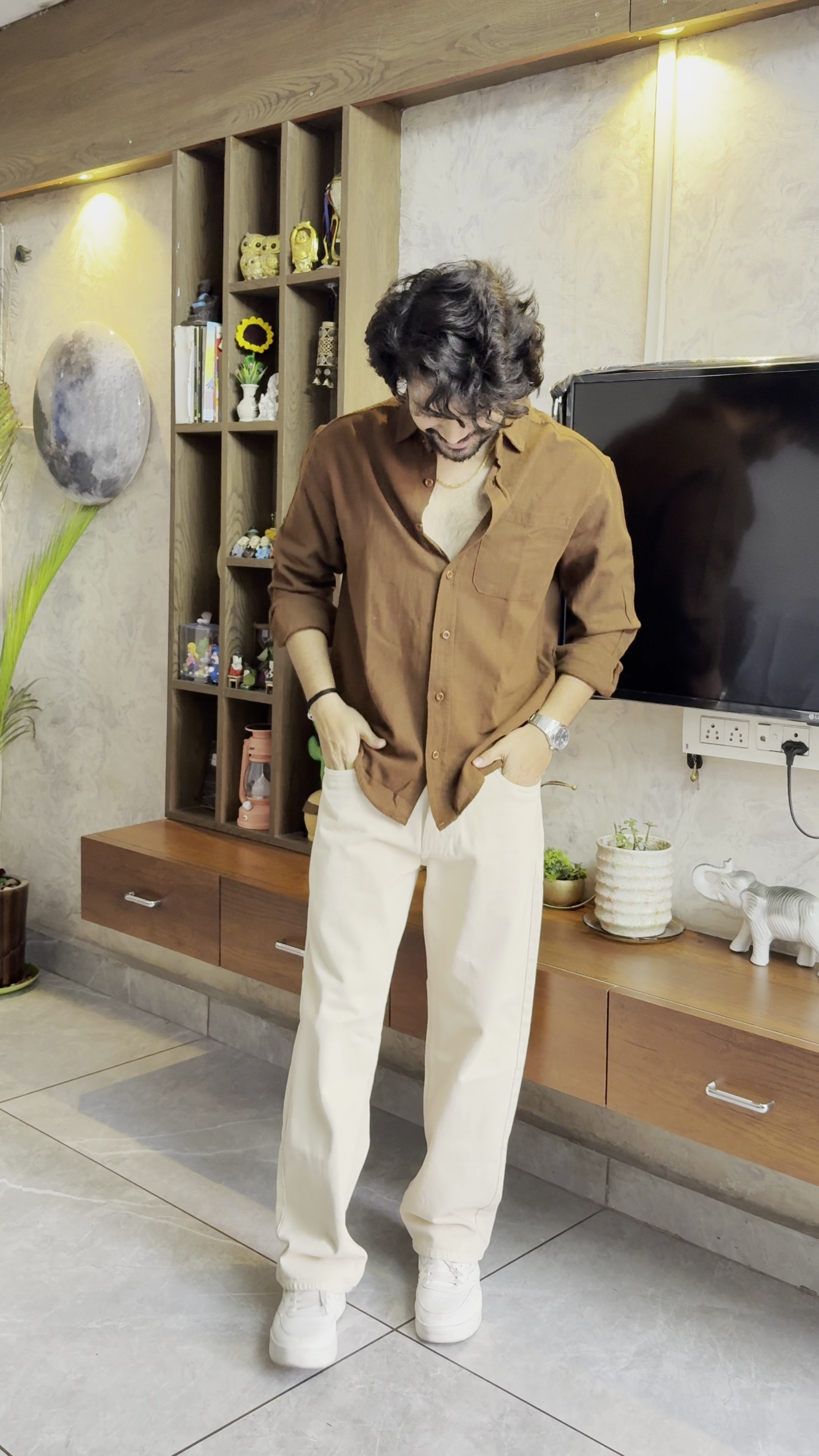 Classic Maroon Casual Shirt with Beige Trousers