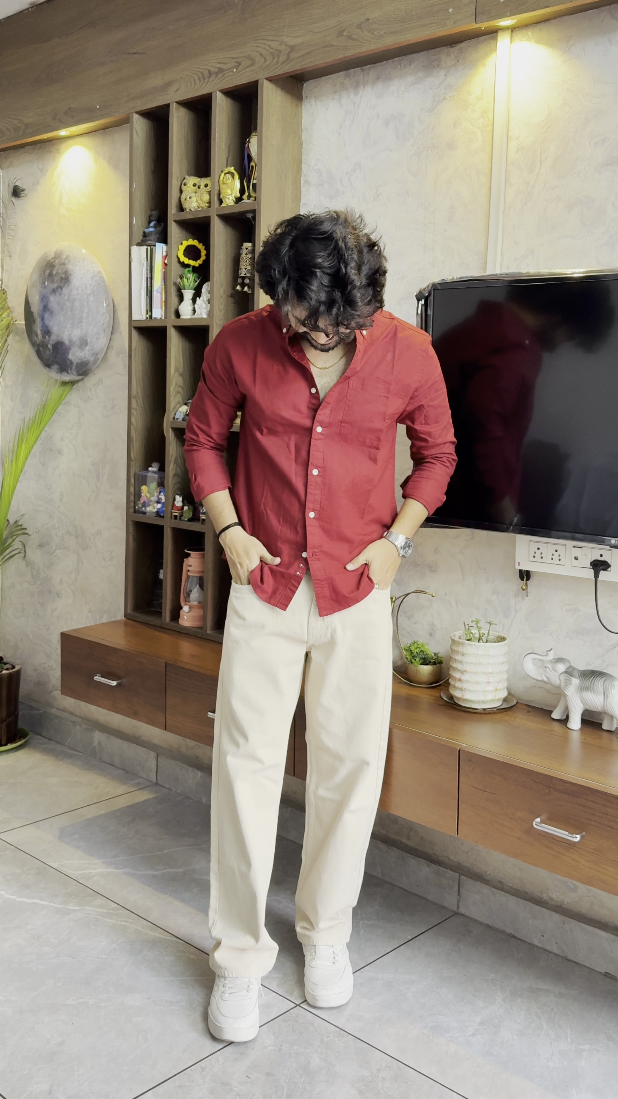 Classic Maroon Casual Shirt with Beige Trousers