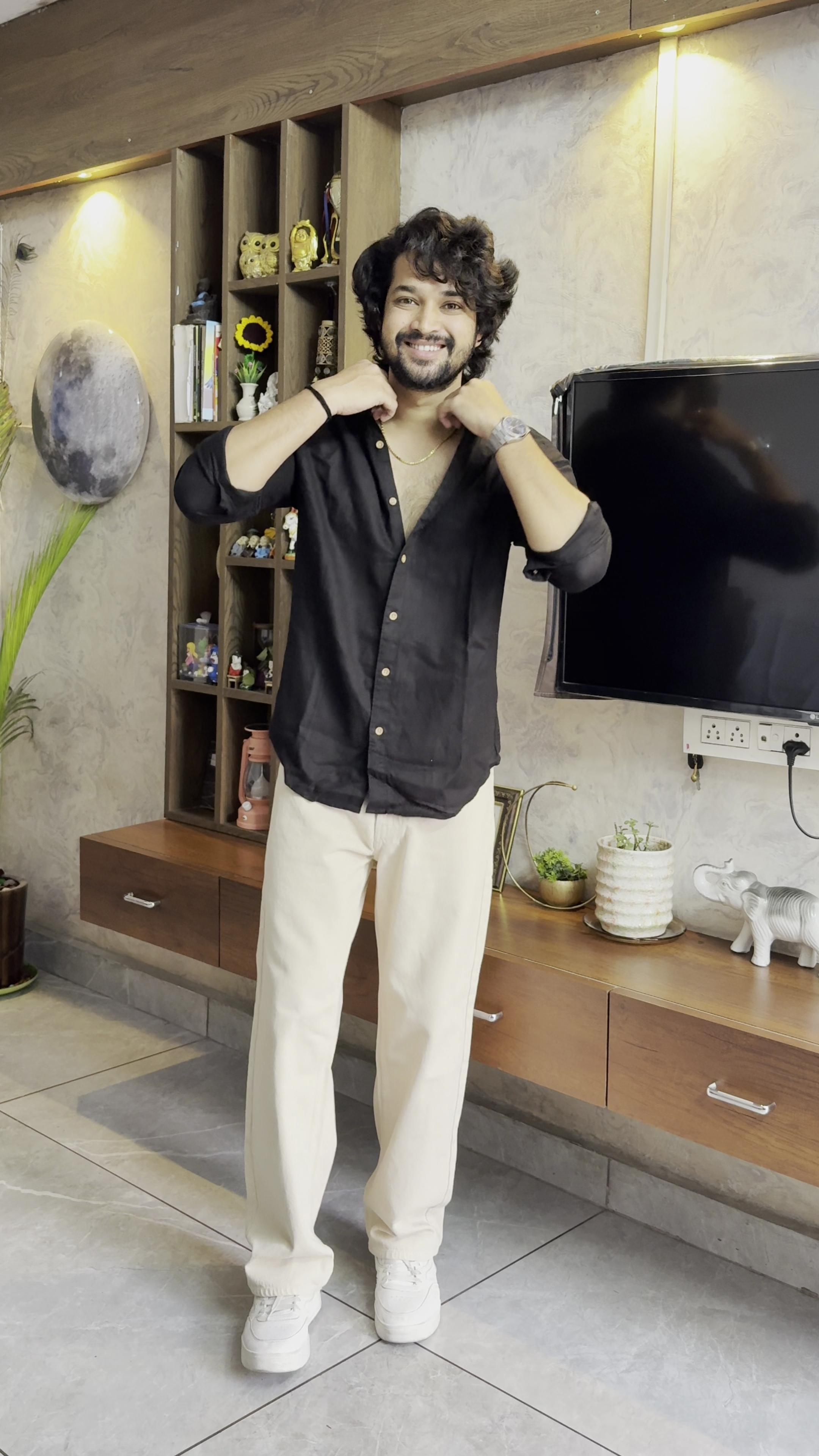 Classic Maroon Casual Shirt with Beige Trousers