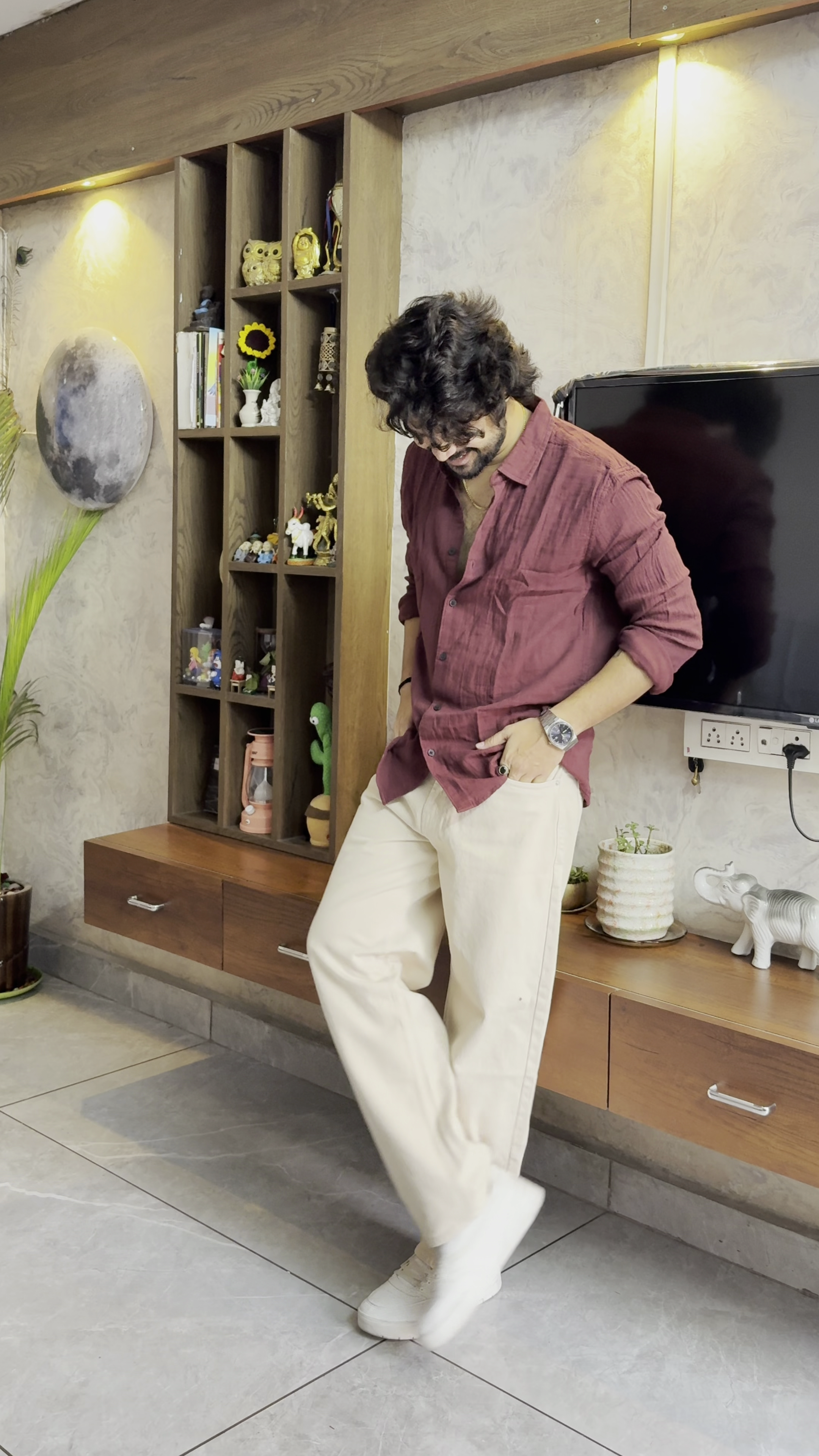 Classic Maroon Casual Shirt with Beige Trousers