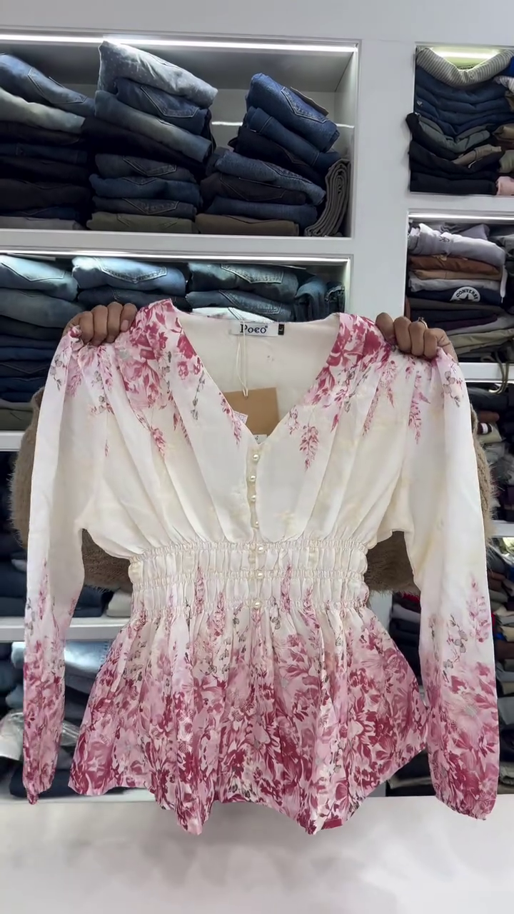 Blue Floral Smocked Peplum Top