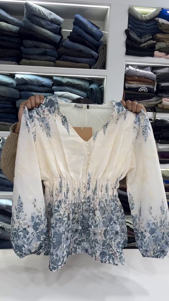 Blue Floral Smocked Peplum Top