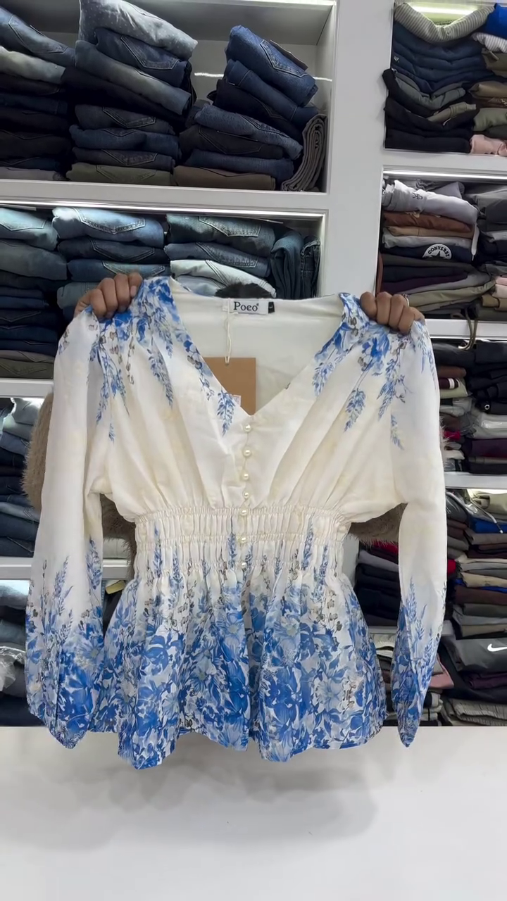 Blue Floral Smocked Peplum Top