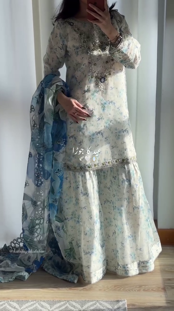 Pastel Blue Floral Eid Sharara Set