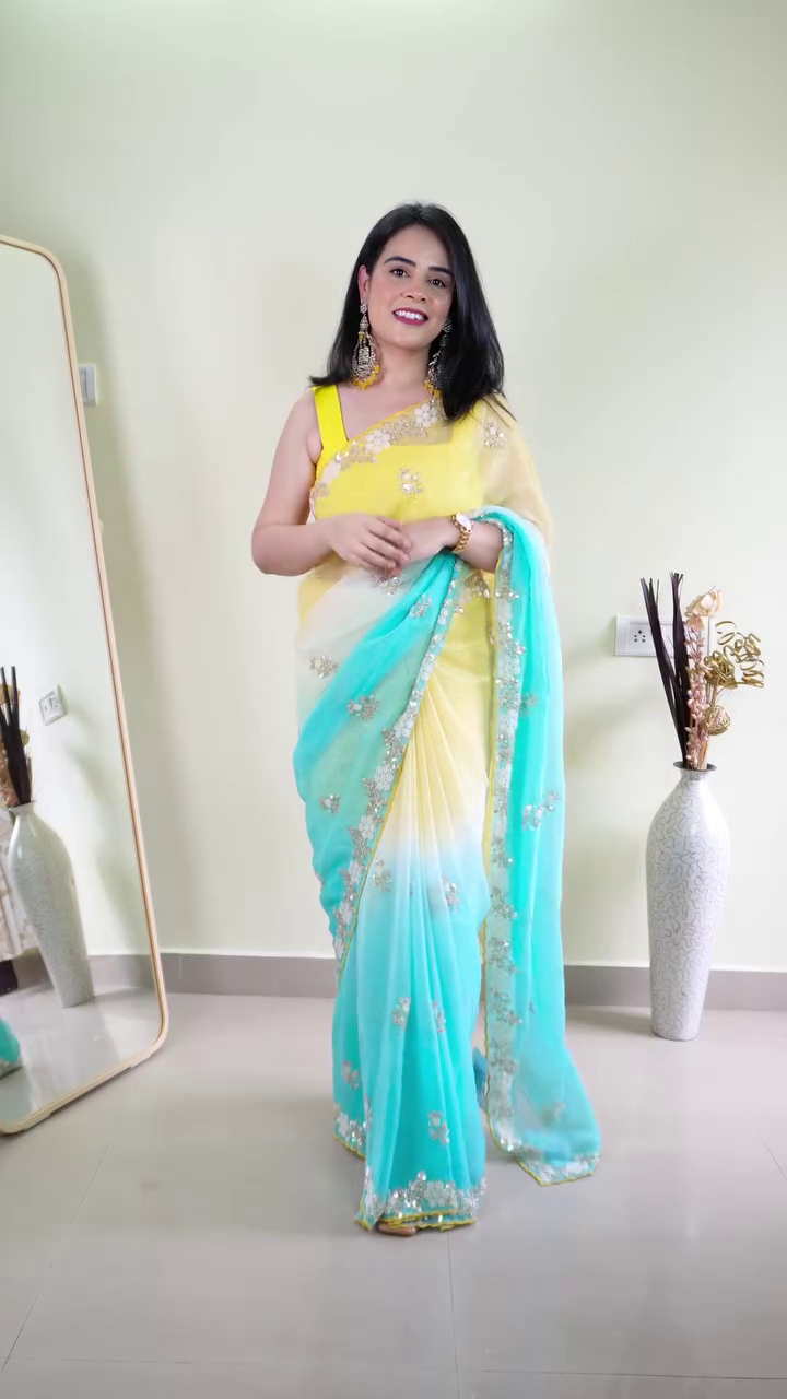Multicolor Ombre Saree with Floral Embroidery
