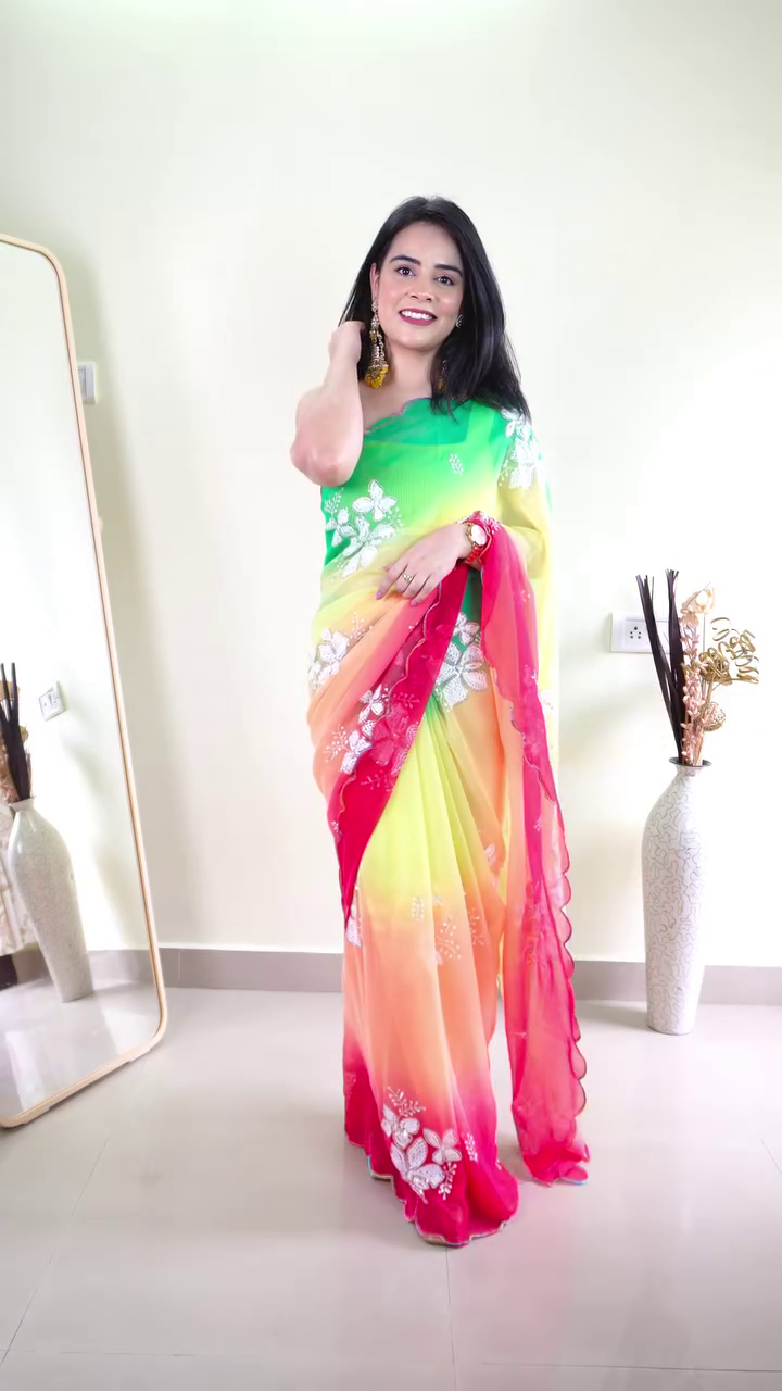 Multicolor Ombre Saree with Floral Embroidery