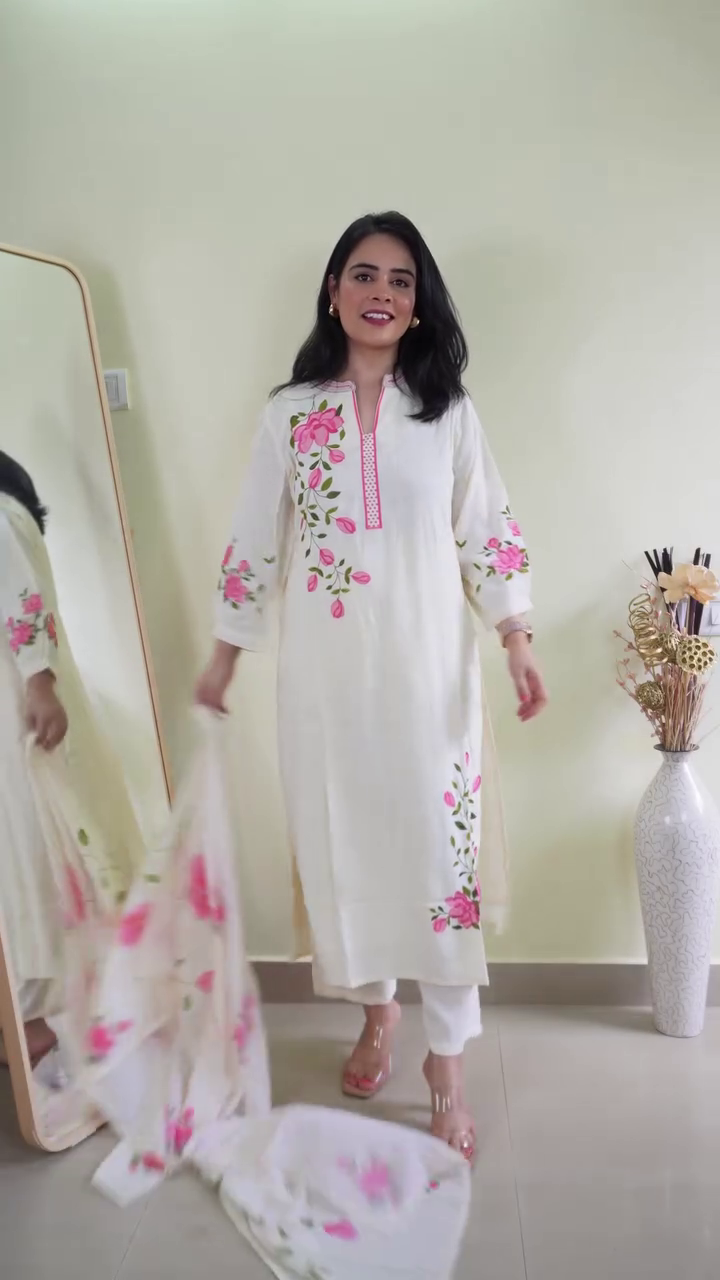 Off-White Floral Kurta Set with Printed Dupatta