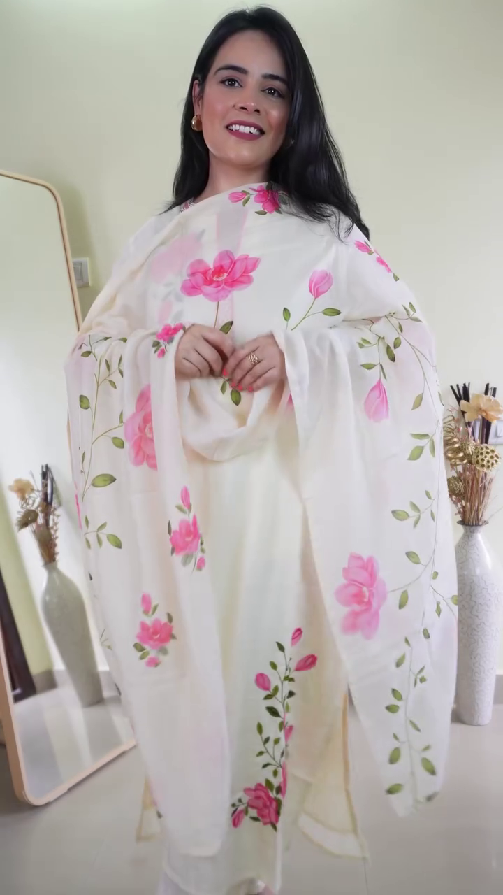 Off-White Floral Kurta Set with Printed Dupatta
