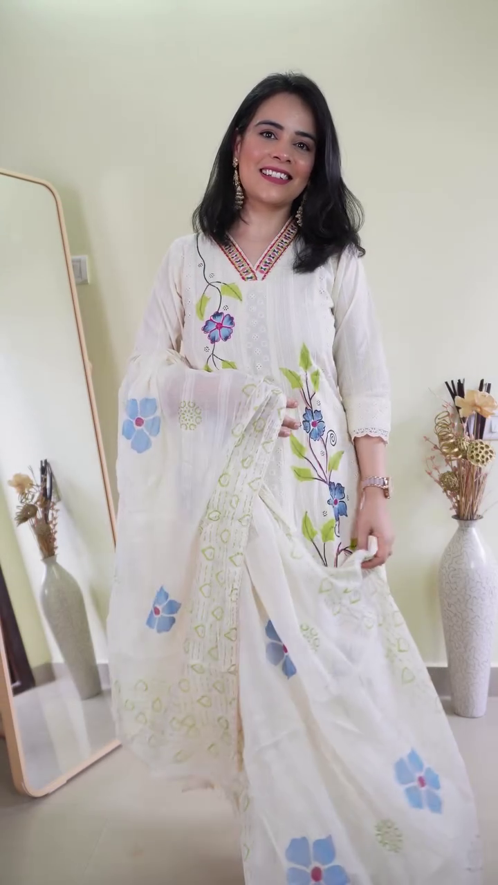 Off-White Floral Kurta Set with Printed Dupatta