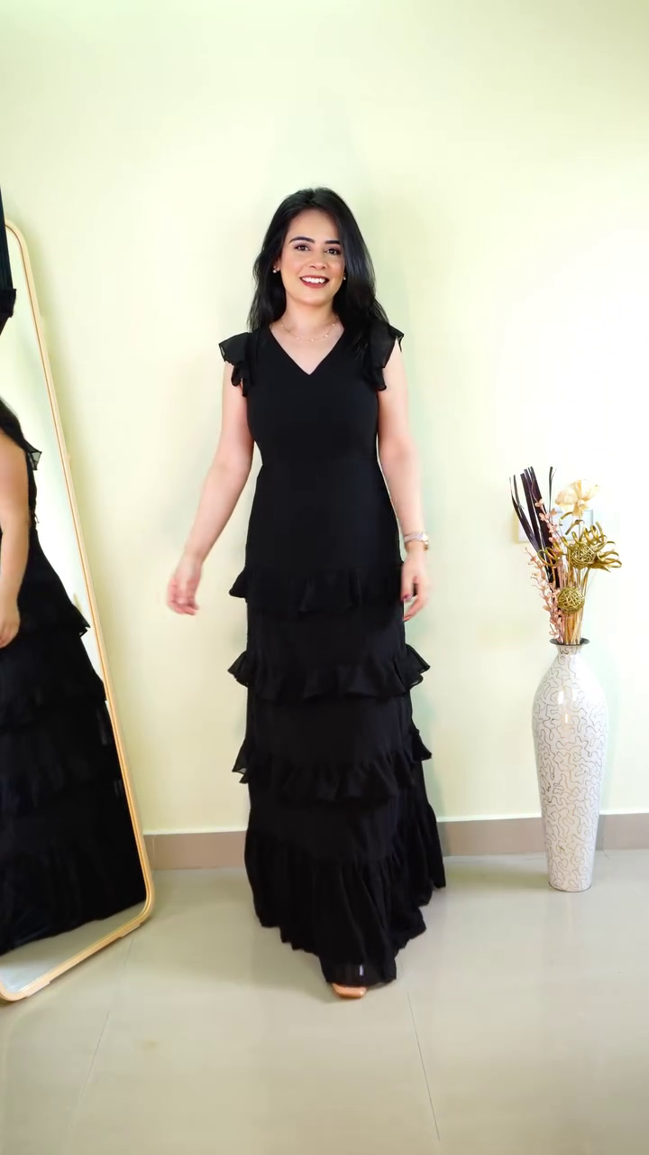 Elegant Black Ruffle Maxi Evening Dress