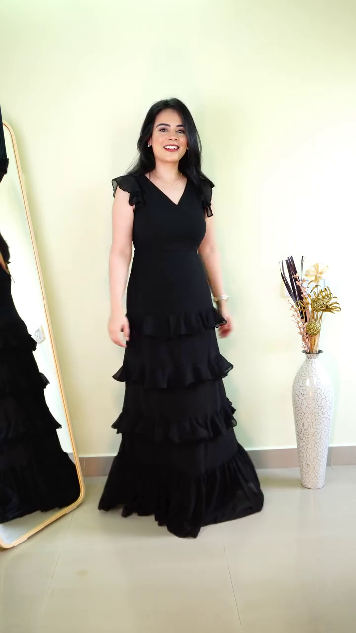 Elegant Black Ruffle Maxi Evening Dress