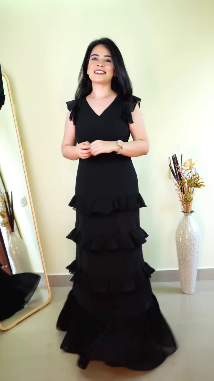 Elegant Black Ruffle Maxi Evening Dress