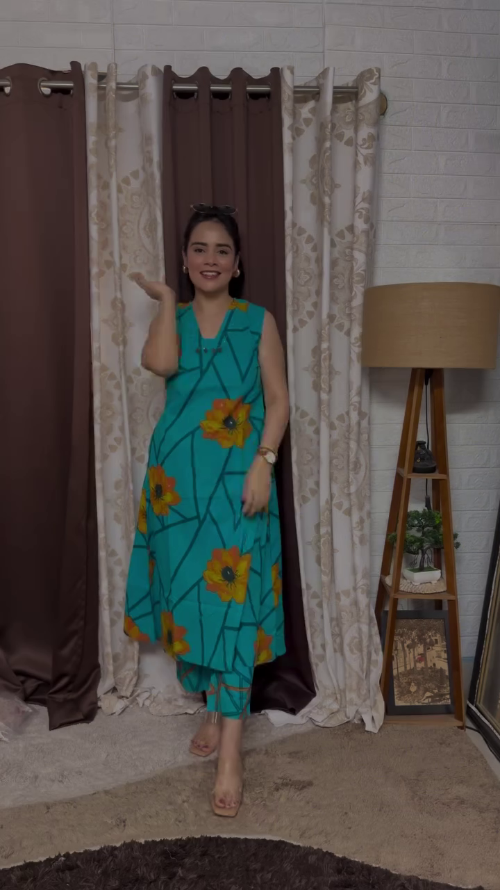 Teal Floral Printed Kurta Set