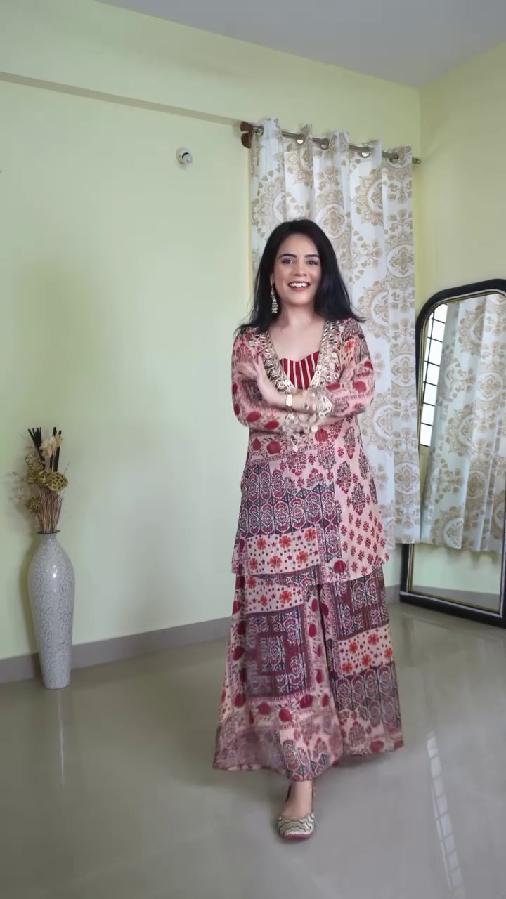 Wine Embellished Layered Ethnic Dress