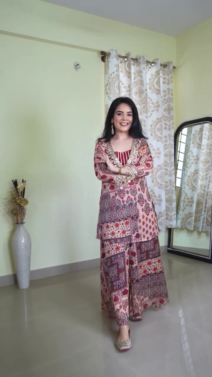 Wine Embellished Layered Ethnic Dress