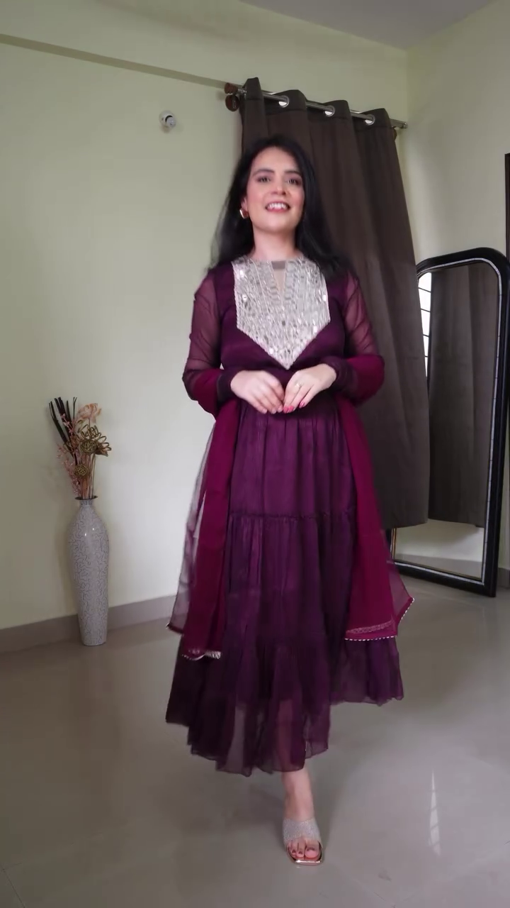 Wine Embellished Layered Ethnic Dress