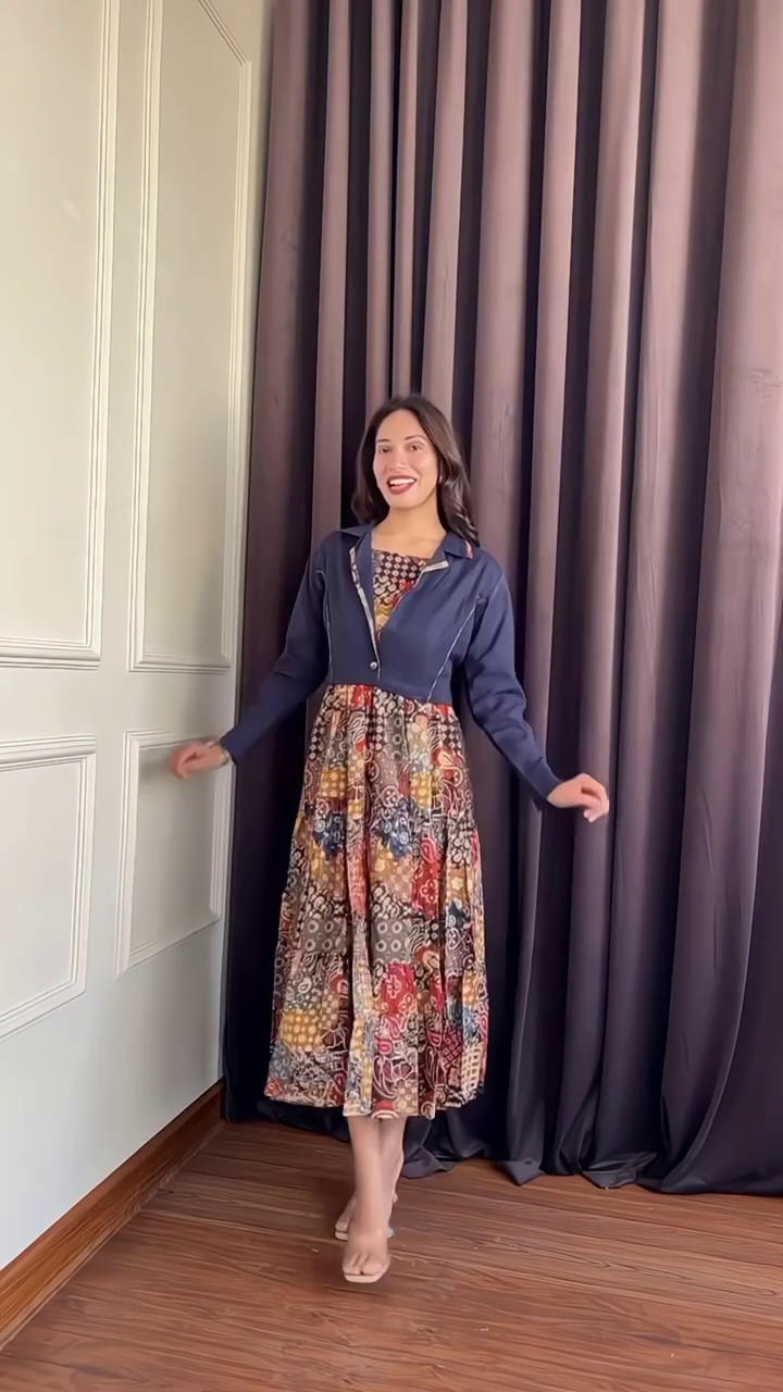 Printed Midi Dress with Navy Shrug