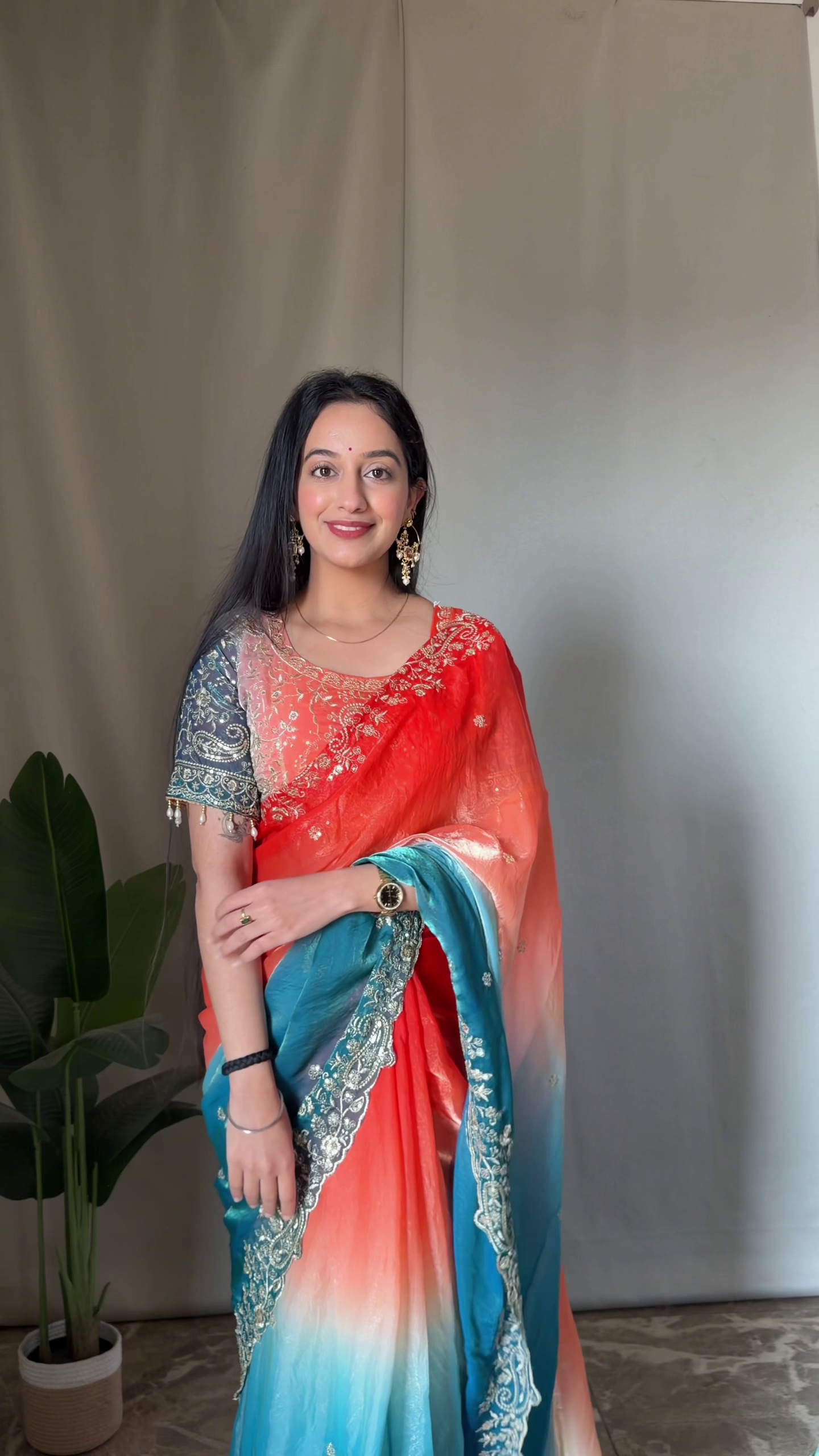 Ombre Orange & Teal Embroidered Saree