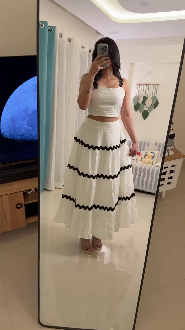 White & Black Tiered Skirt Co-ord Set