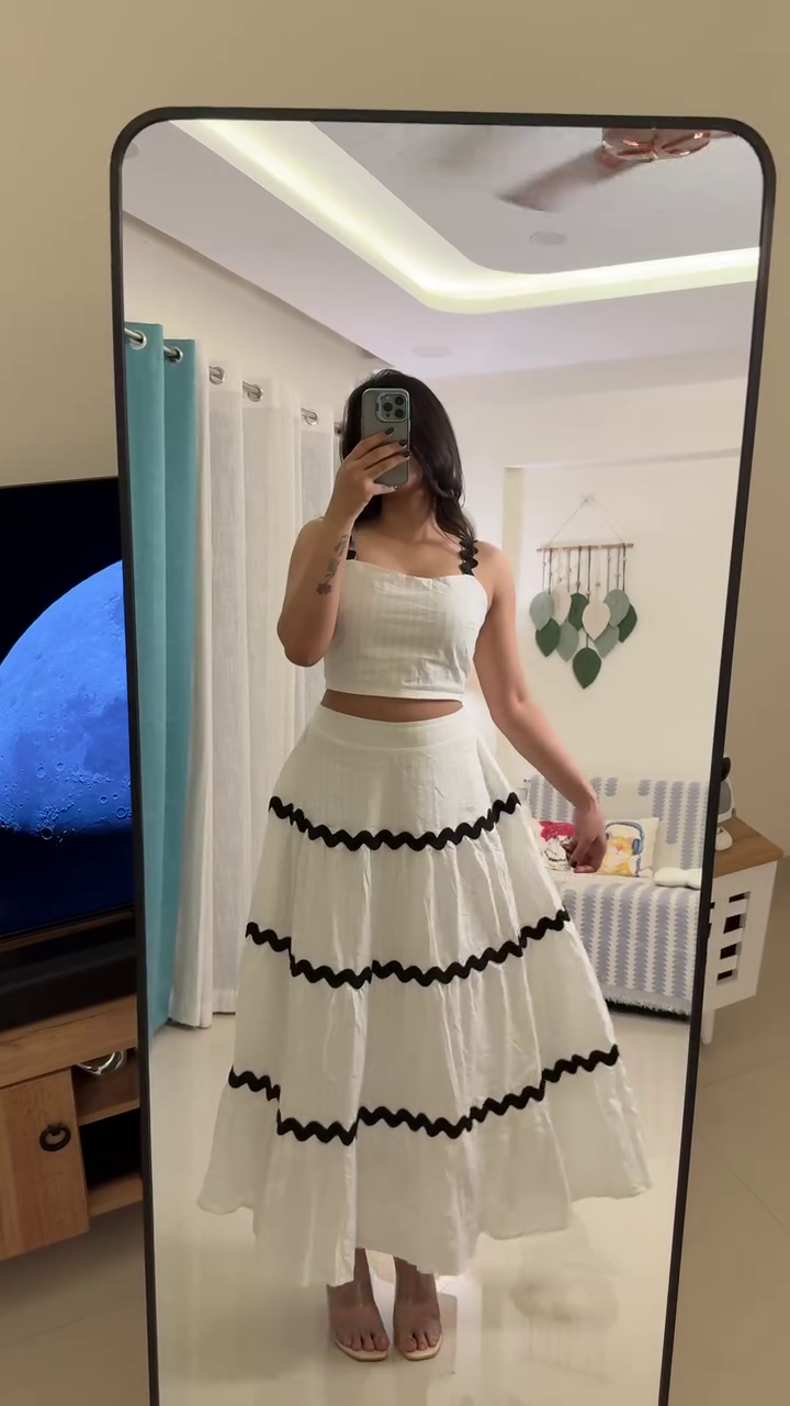 White & Black Tiered Skirt Co-ord Set