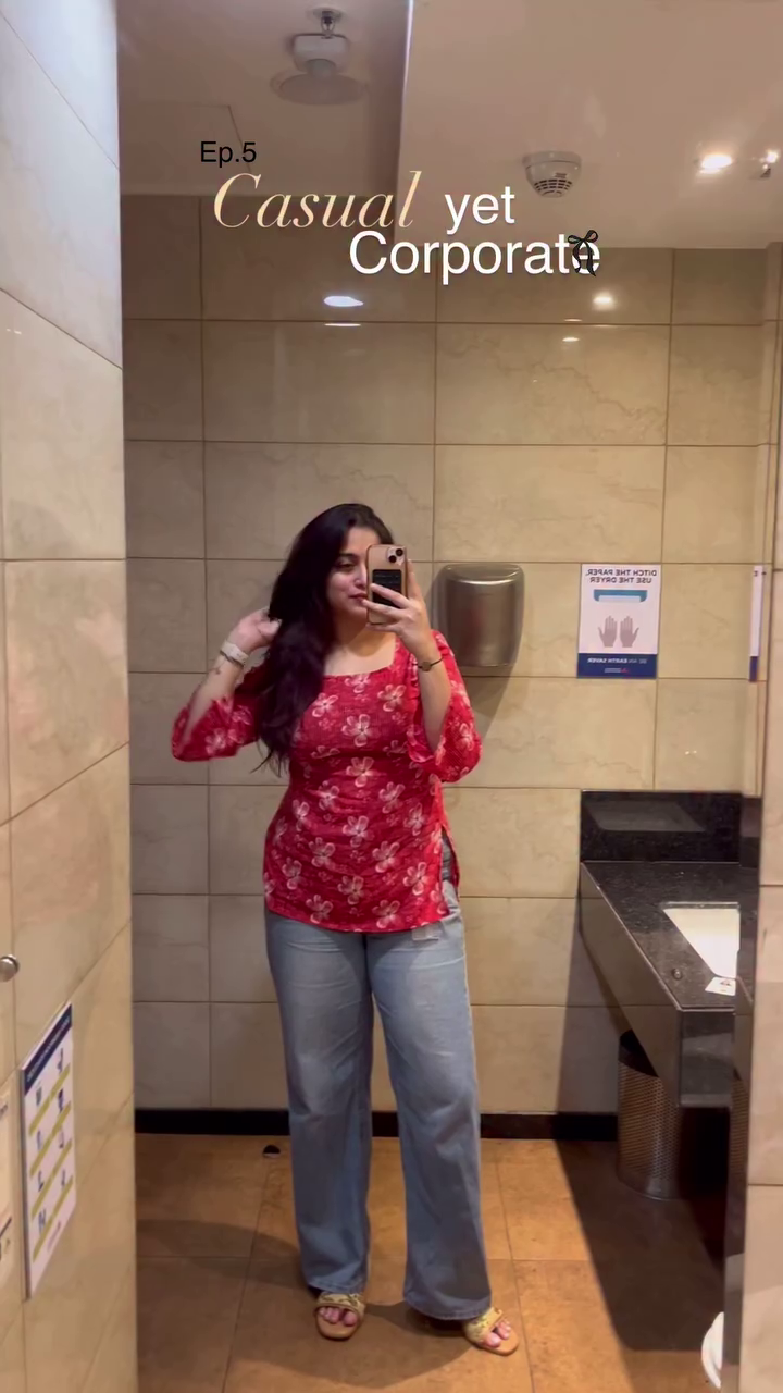 Red Floral Smart Casual Top with Wide-Leg Denim