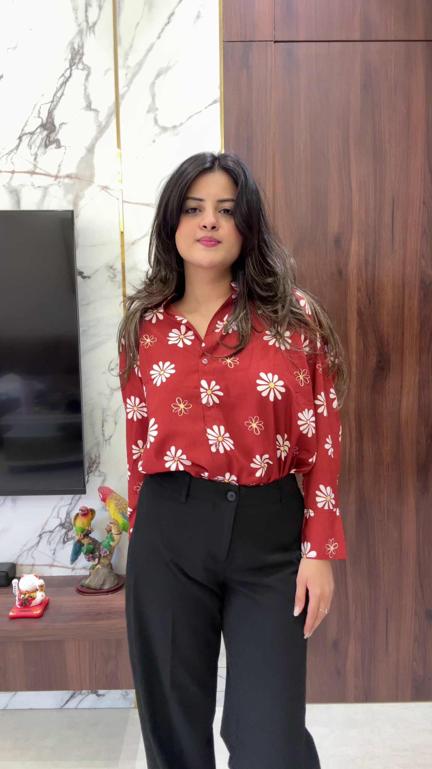 Blue Embroidered Shirt with High-Waist Black Trousers