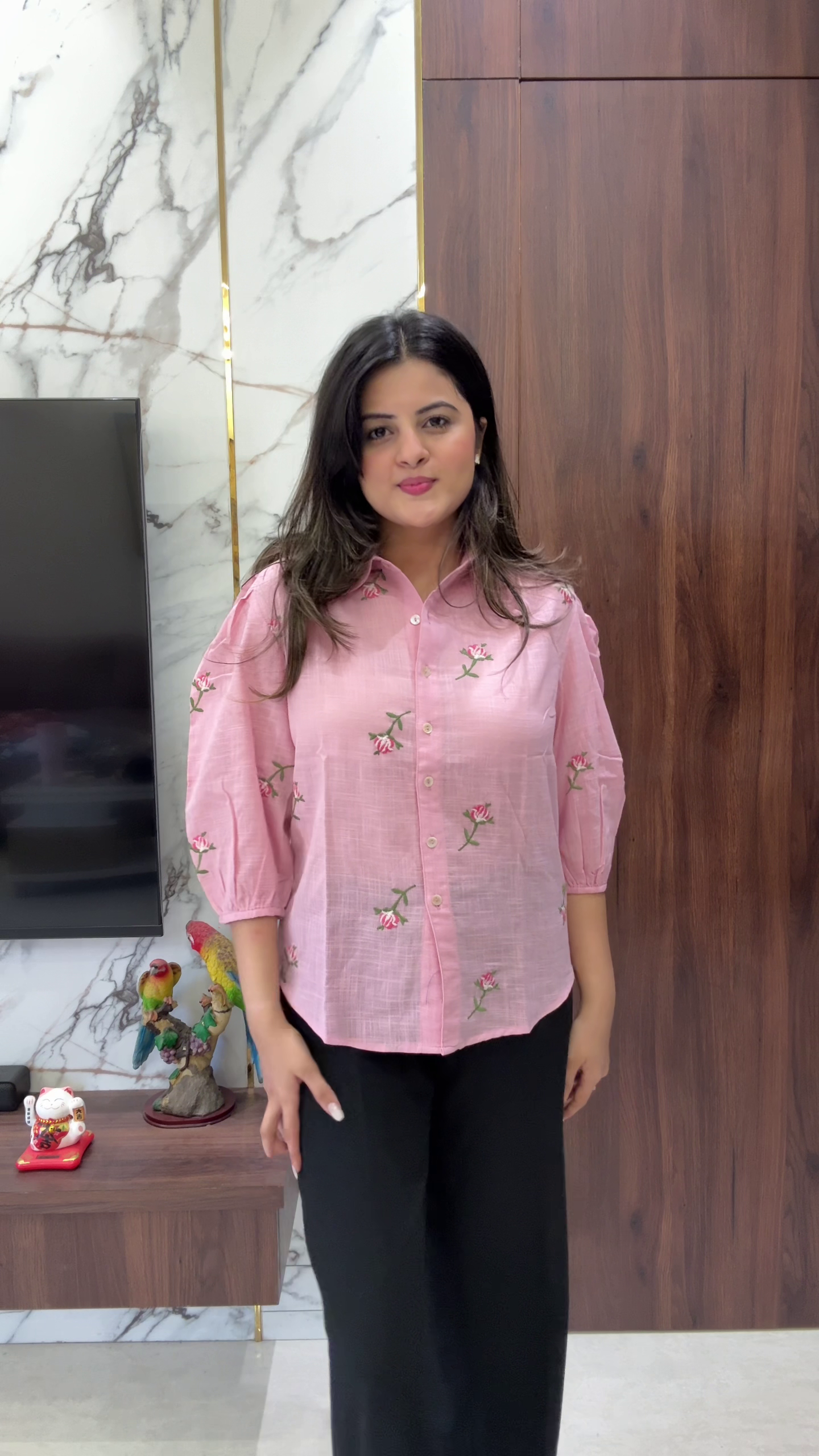 Blue Embroidered Shirt with High-Waist Black Trousers