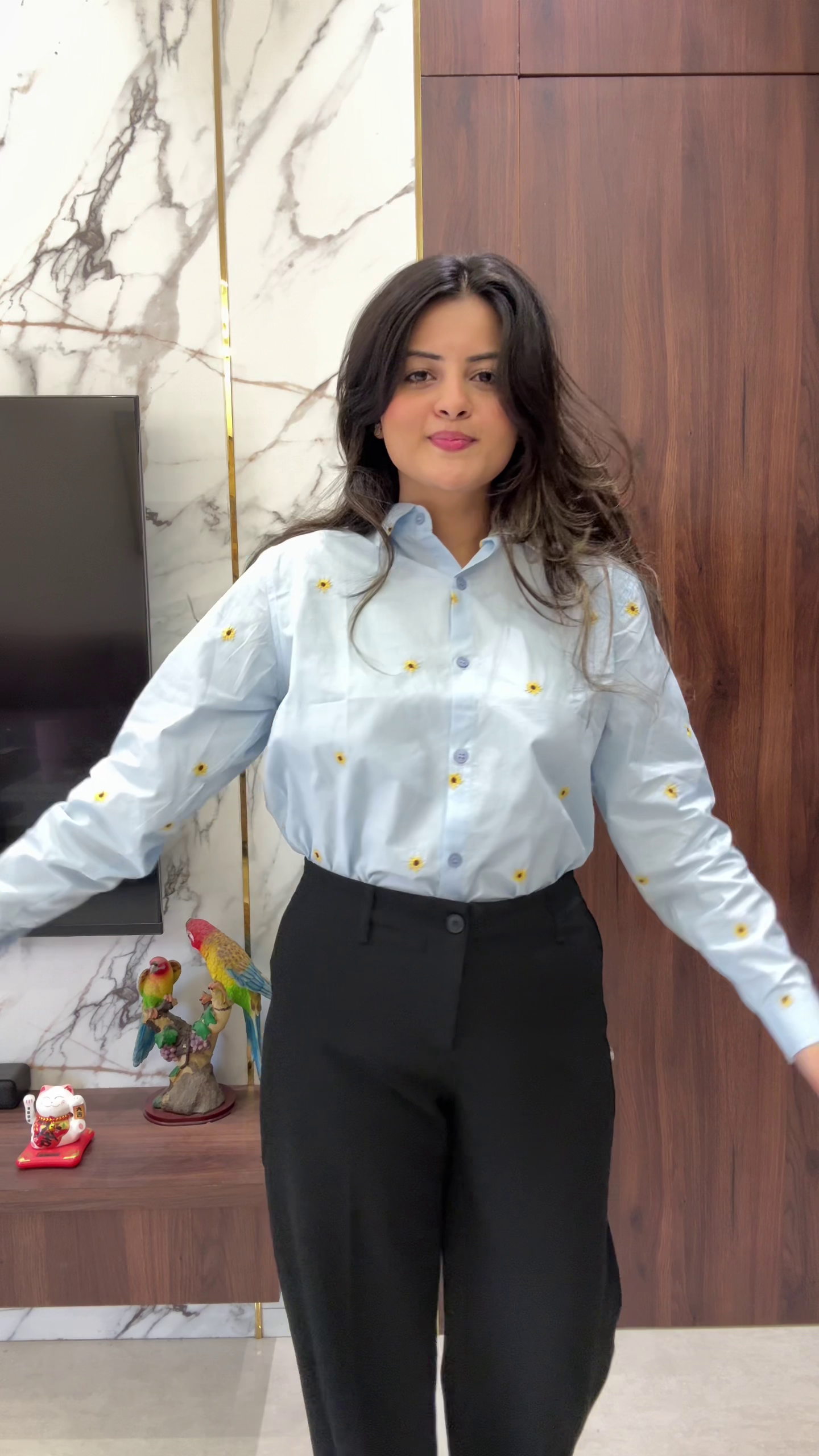 Blue Embroidered Shirt with High-Waist Black Trousers
