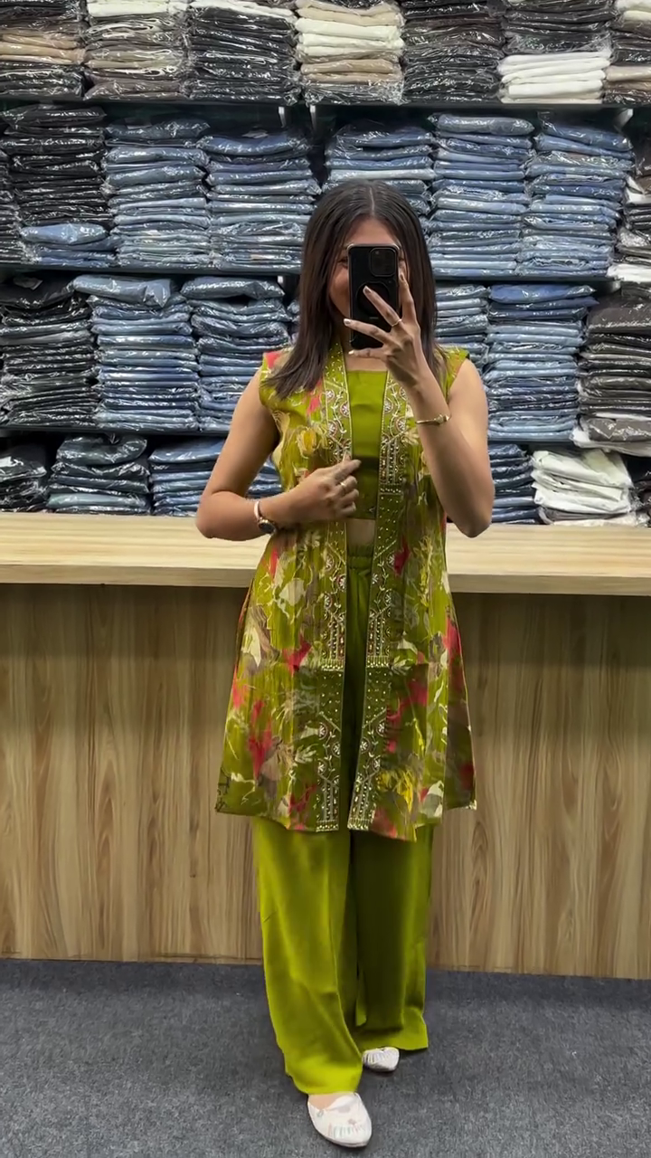 Olive Layered Indo-Western Kurta Palazzo Set