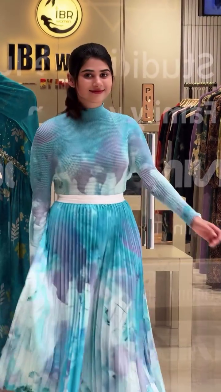 White & Blue Printed Pleated Midi Dress