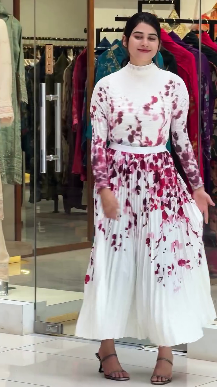 White & Blue Printed Pleated Midi Dress