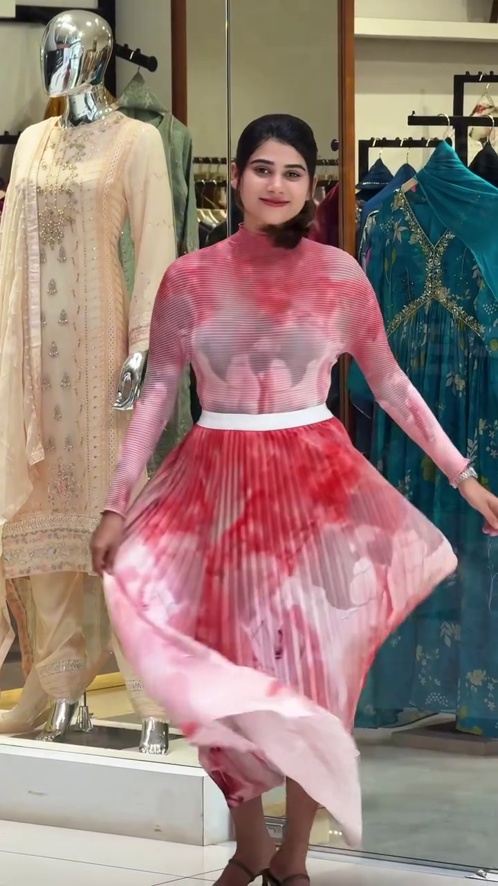 White & Blue Printed Pleated Midi Dress