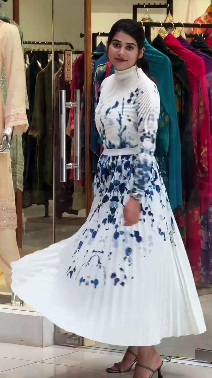 White & Blue Printed Pleated Midi Dress