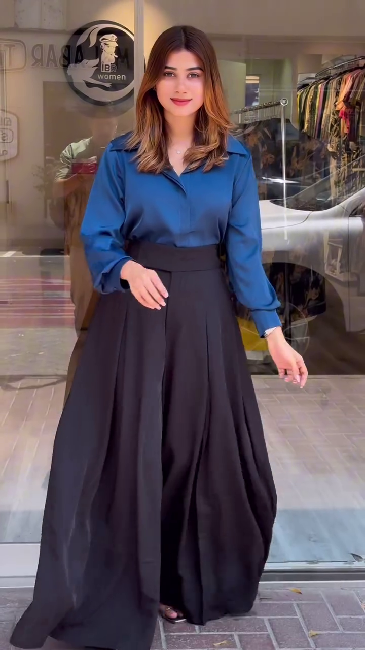 Black Shirt with Grey Pleated Skirt