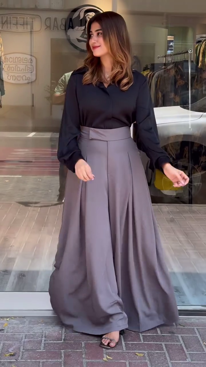 Black Shirt with Grey Pleated Skirt