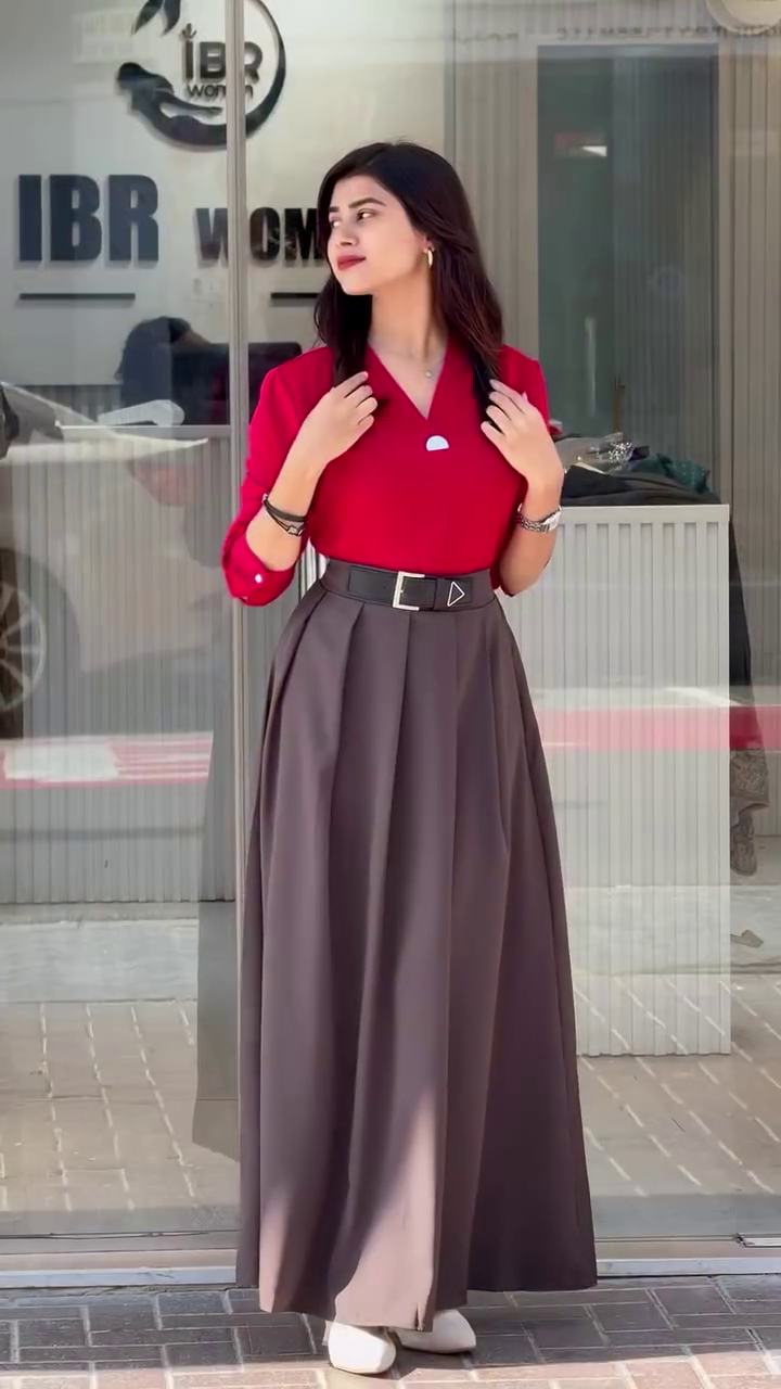 Navy Blue Top with Beige Flared Skirt