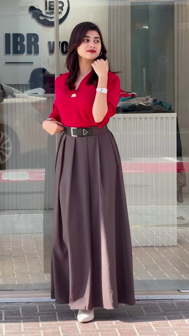 Navy Blue Top with Beige Flared Skirt