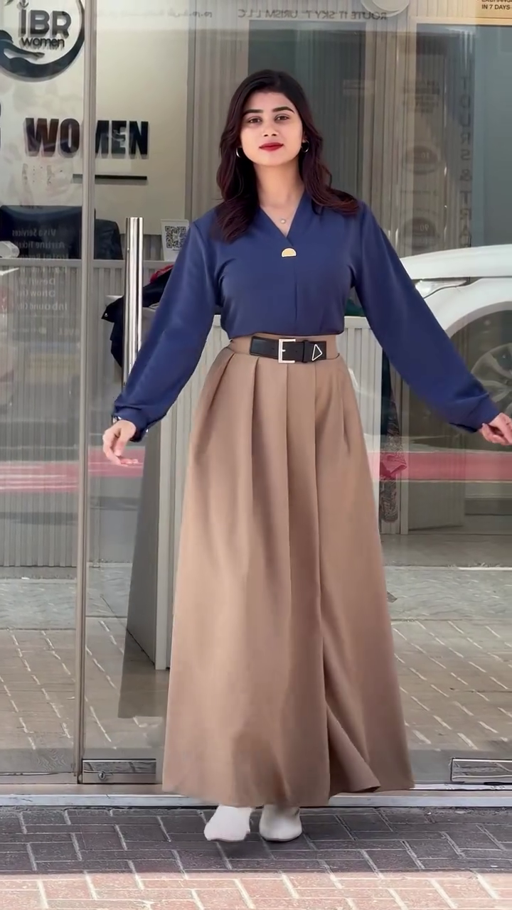 Navy Blue Top with Beige Flared Skirt