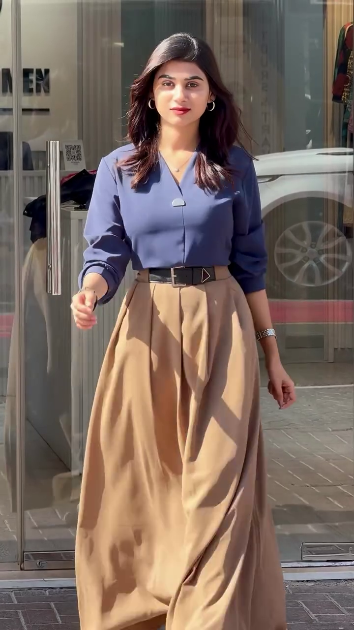 Navy Blue Top with Beige Flared Skirt