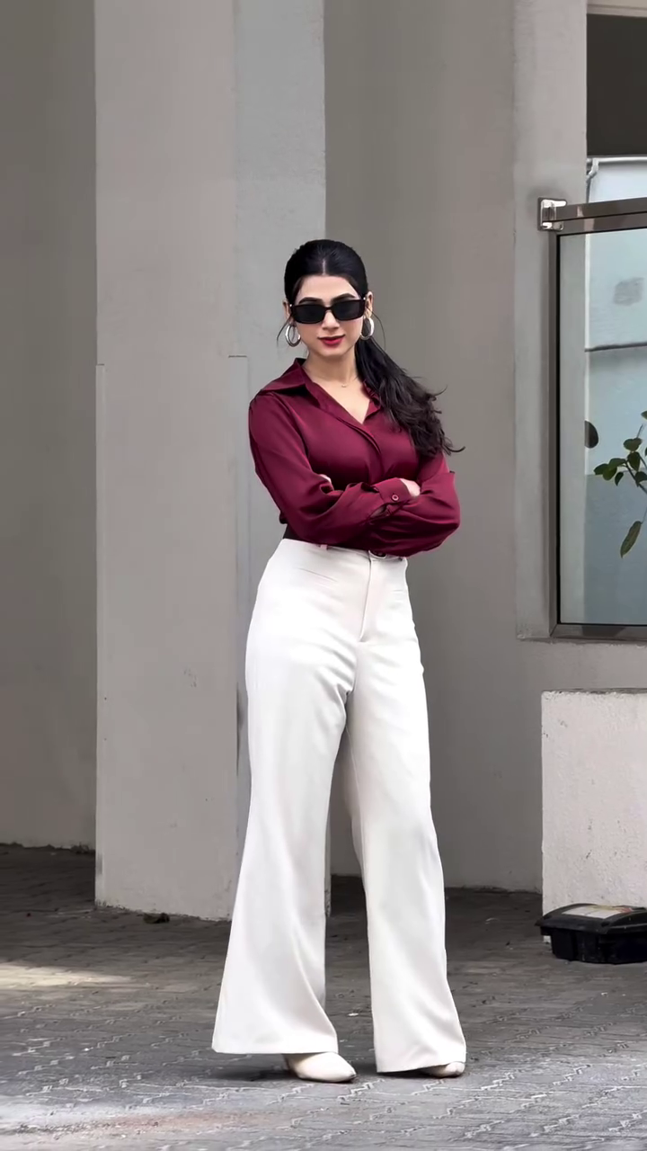 Pink Shirt with Brown Wide-Leg Trousers