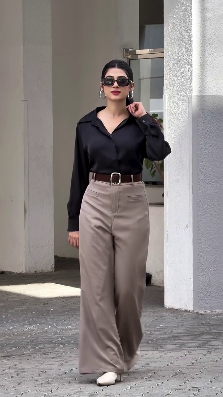 Pink Shirt with Brown Wide-Leg Trousers