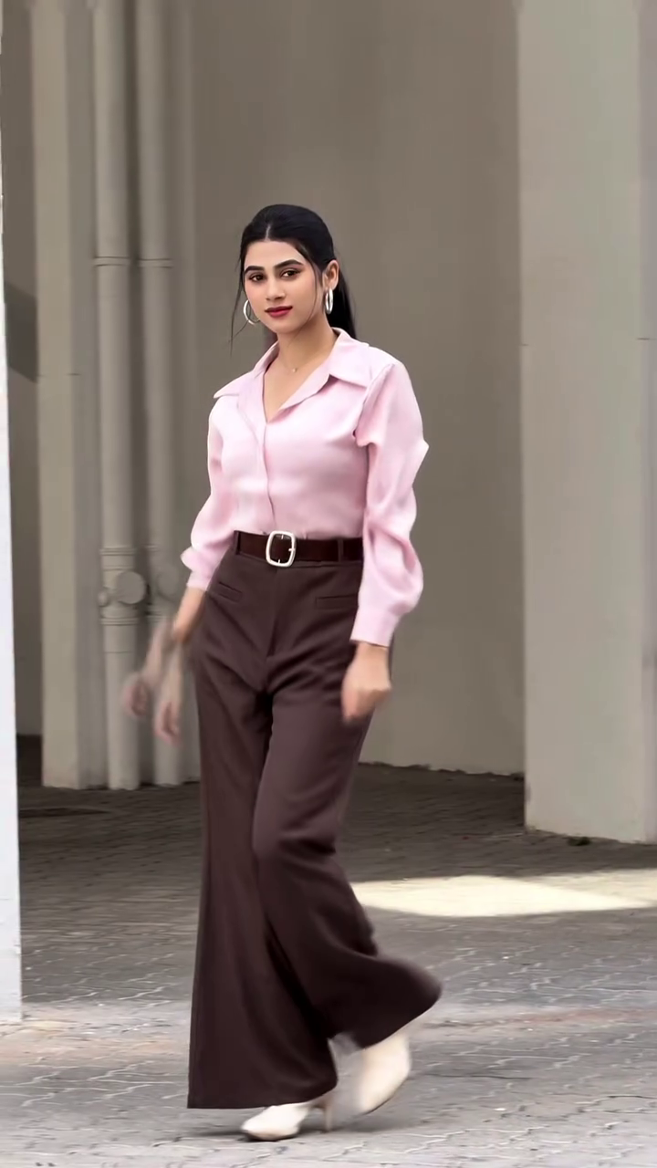 Pink Shirt with Brown Wide-Leg Trousers