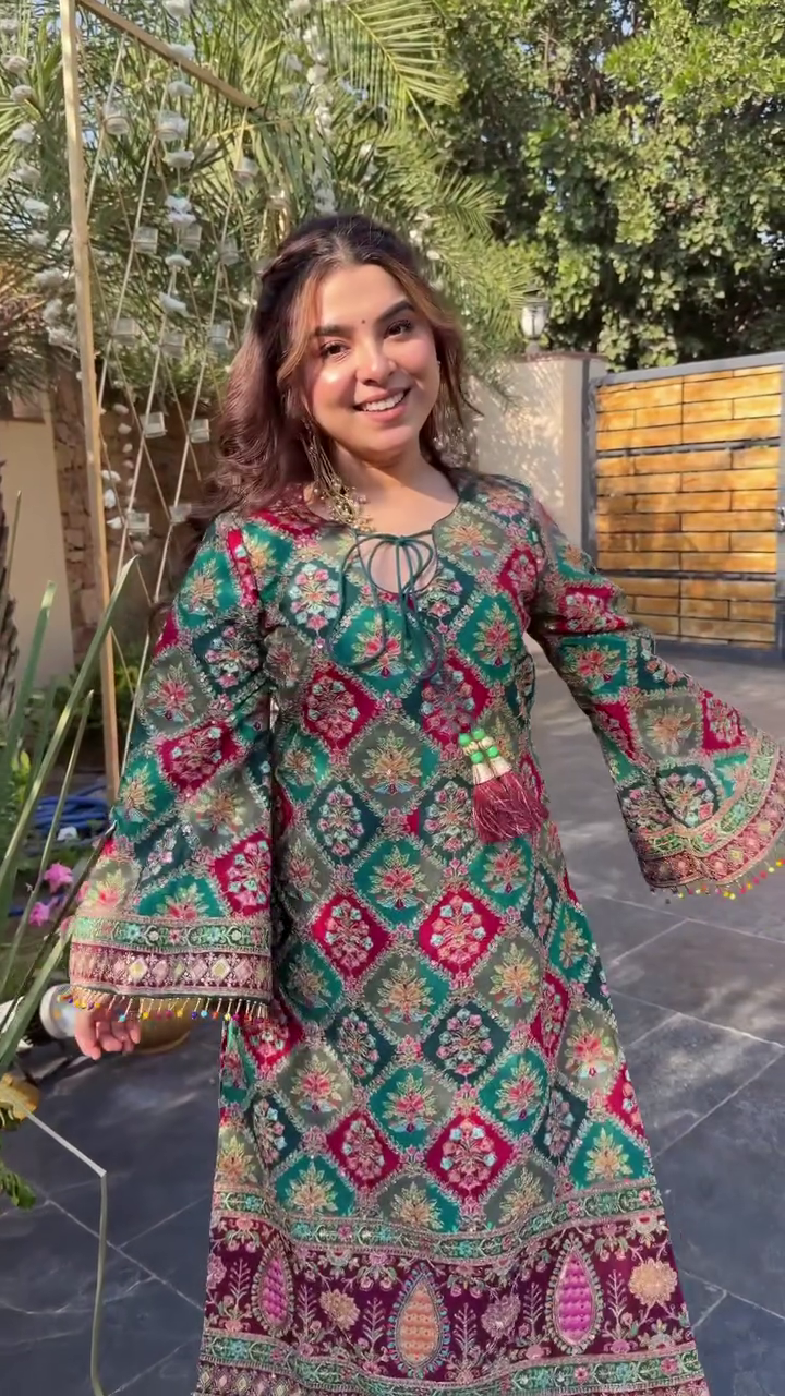 Green Ethnic Printed Flared Kurti